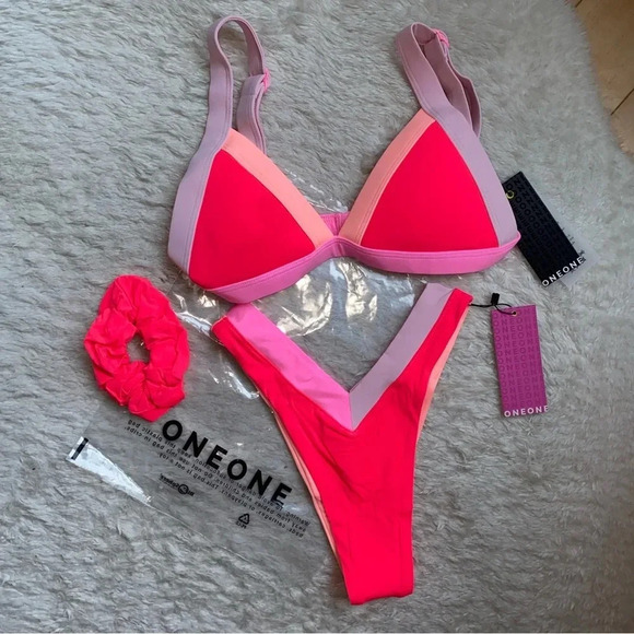 NWT OneOne Swimwear SET Bikini Gili Kameron Jesse Pink Red NEW Cheeky Triangle - Picture 11 of 13